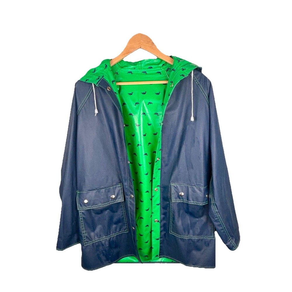 Vintage 70s/80s Women's Reversible Raincoat Blue Green Ducks Slicker Hood Size M